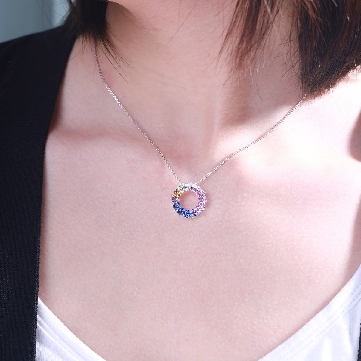 Lab-grown multicolor gemstone wreath necklace in 925 sterling silver on model