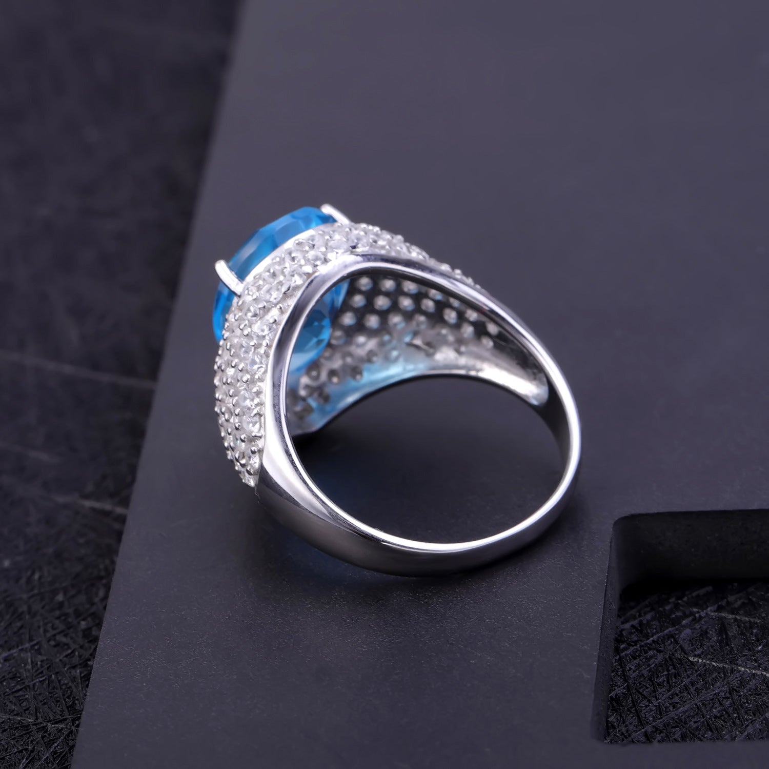 Back view of the Topaz ring showing clasp and hallmark