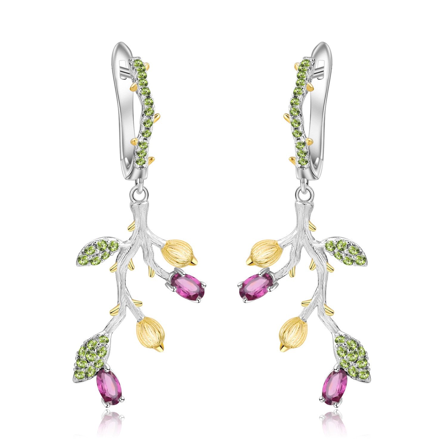 Secret Garden Designer Nature-Inspired Vintage Natural Gemstone Earrings in 925 Sterling Silver