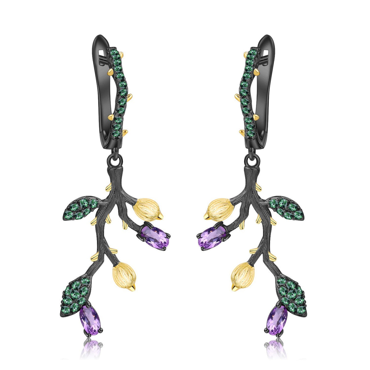 Secret Garden Designer Nature-Inspired Vintage Natural Gemstone Earrings in 925 Sterling Silver