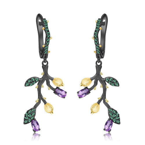 Secret Garden Designer Nature-Inspired Vintage Natural Gemstone Earrings in 925 Sterling Silver