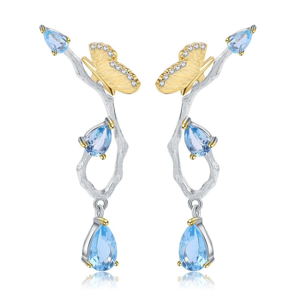 Secret Garden Designer Nature-Inspired Butterfly Floral Natural Topaz Earrings in 925 Sterling Silver