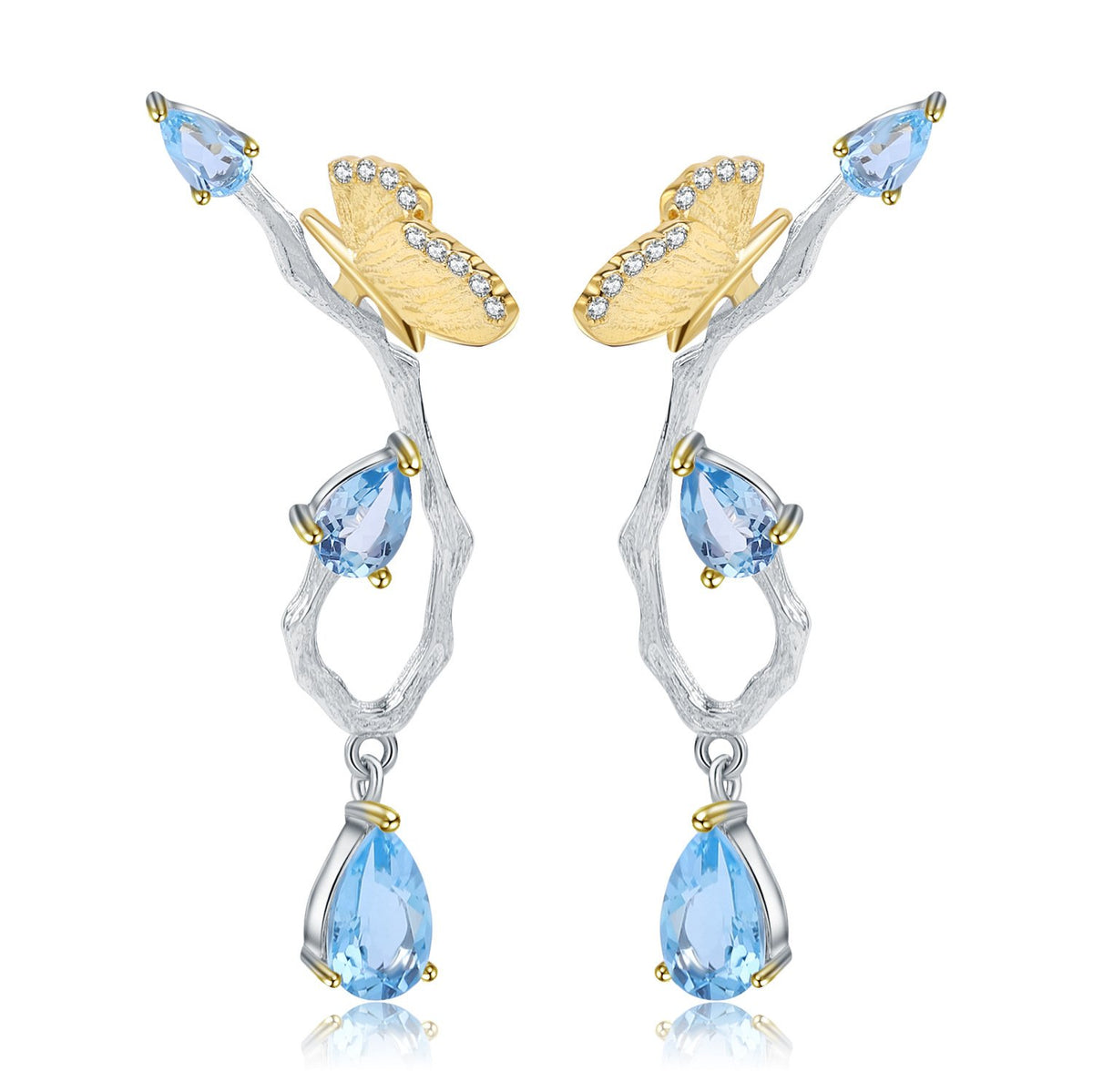 Secret Garden Designer Nature-Inspired Butterfly Floral Natural Topaz Earrings in 925 Sterling Silver