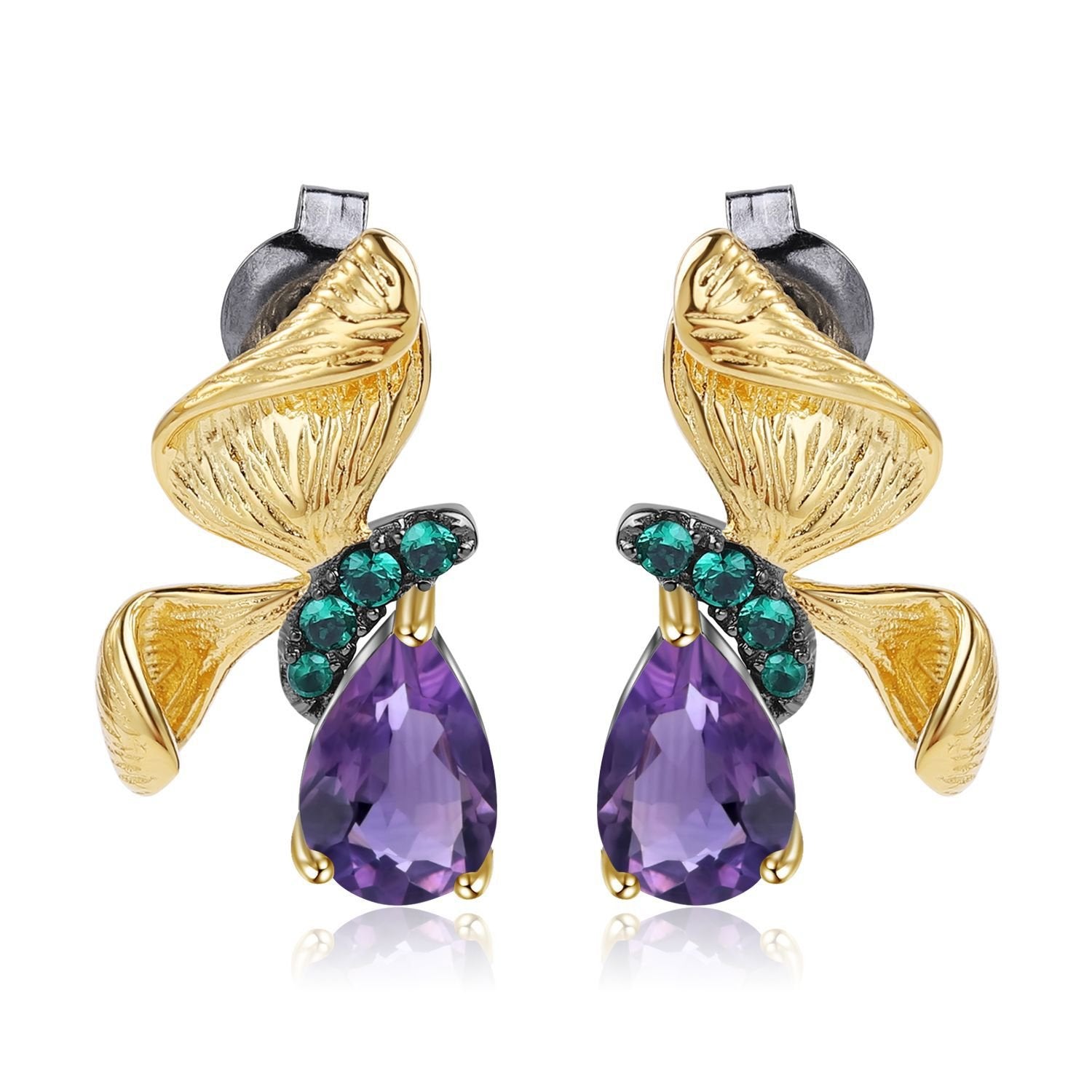 Secret Garden Designer Nature-Inspired Butterfly Floral Amethyst Earrings in 925 Sterling Silver