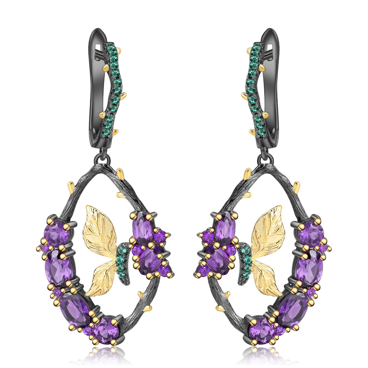 Secret Garden Designer Nature-Inspired Butterfly Floral Natural Gemstone Earrings in 925 Sterling Silver