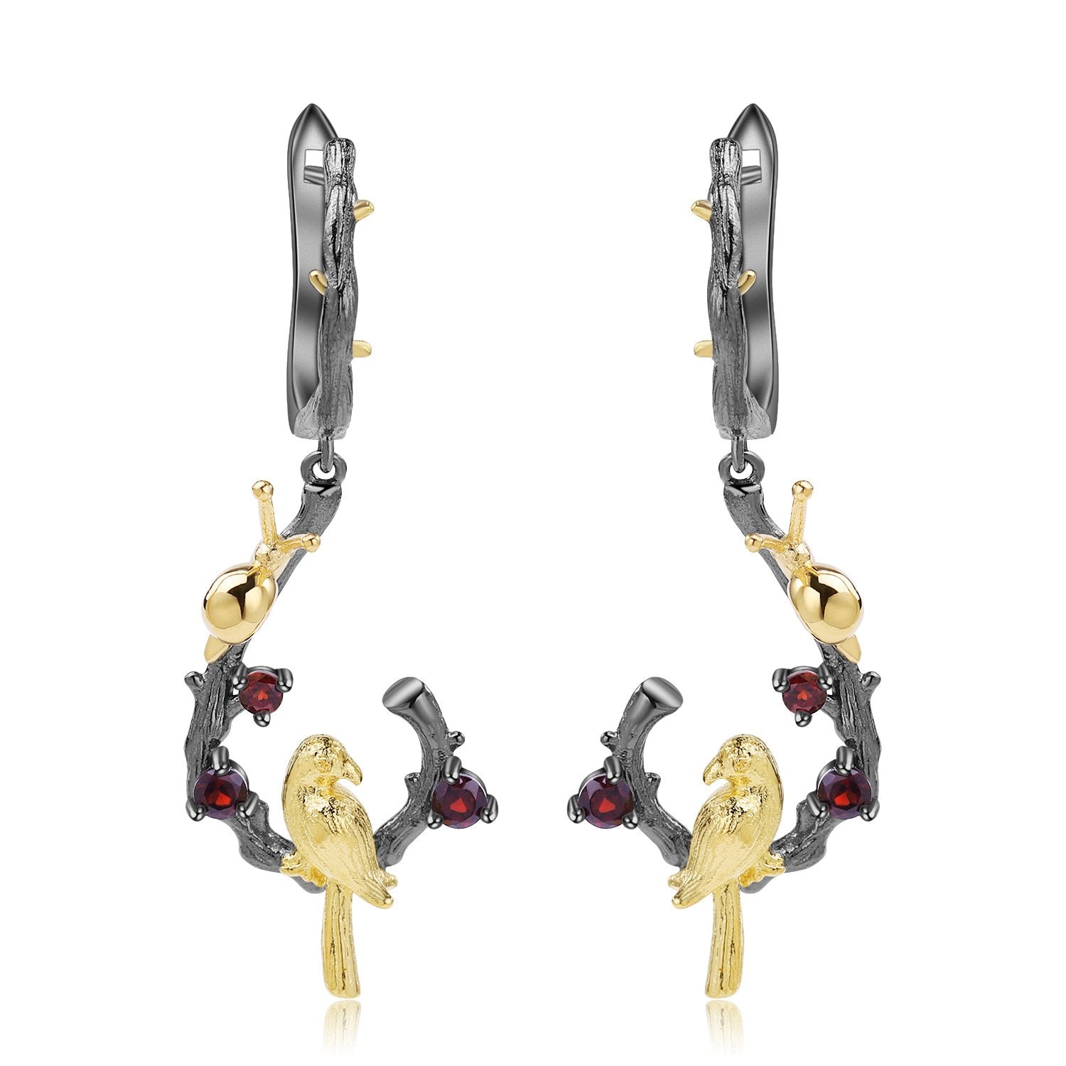 Secret Garden Designer Nature-Inspired Bird Floral Gemstone Earrings in 925 Sterling Silver