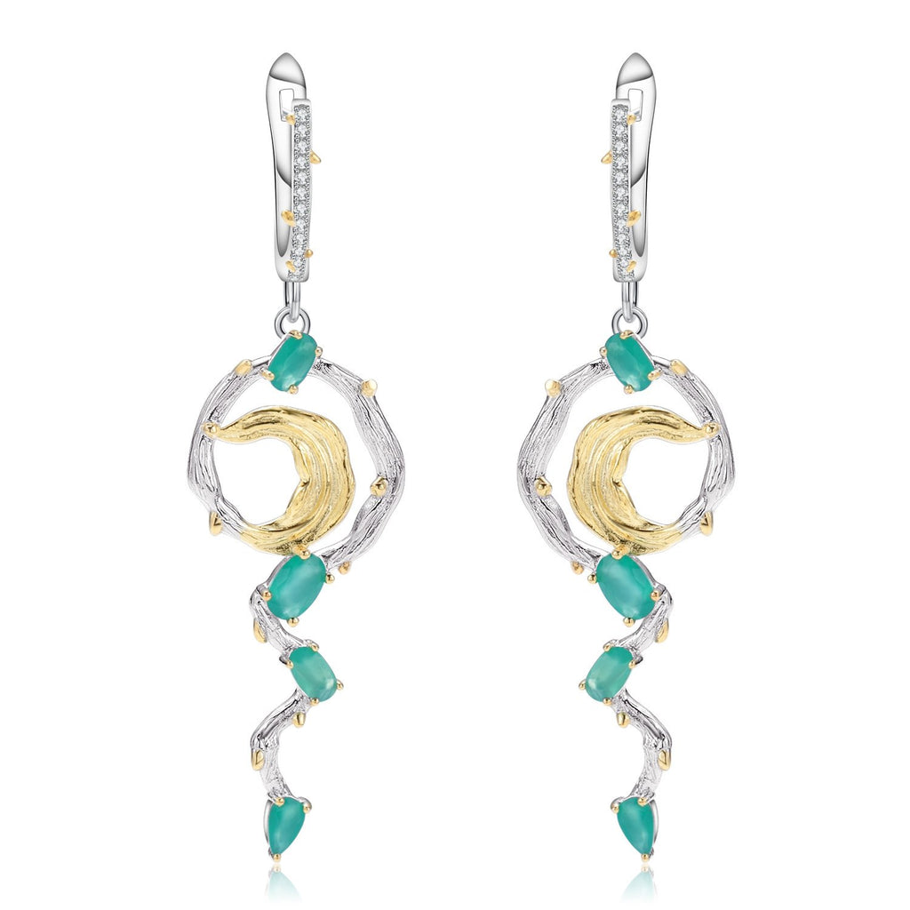 Secret Garden Designer Nature-Inspired Floral Natural Gemstone Green Agate Earrings in 925 Sterling Silver