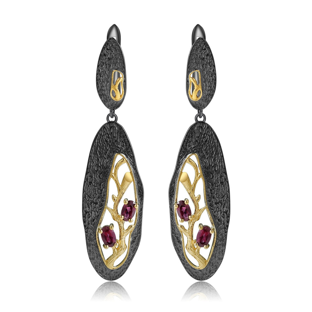 Secret Garden Designer Elegant Rose Branch Floral Natural Rhodolite Earrings in 925 Sterling Silver