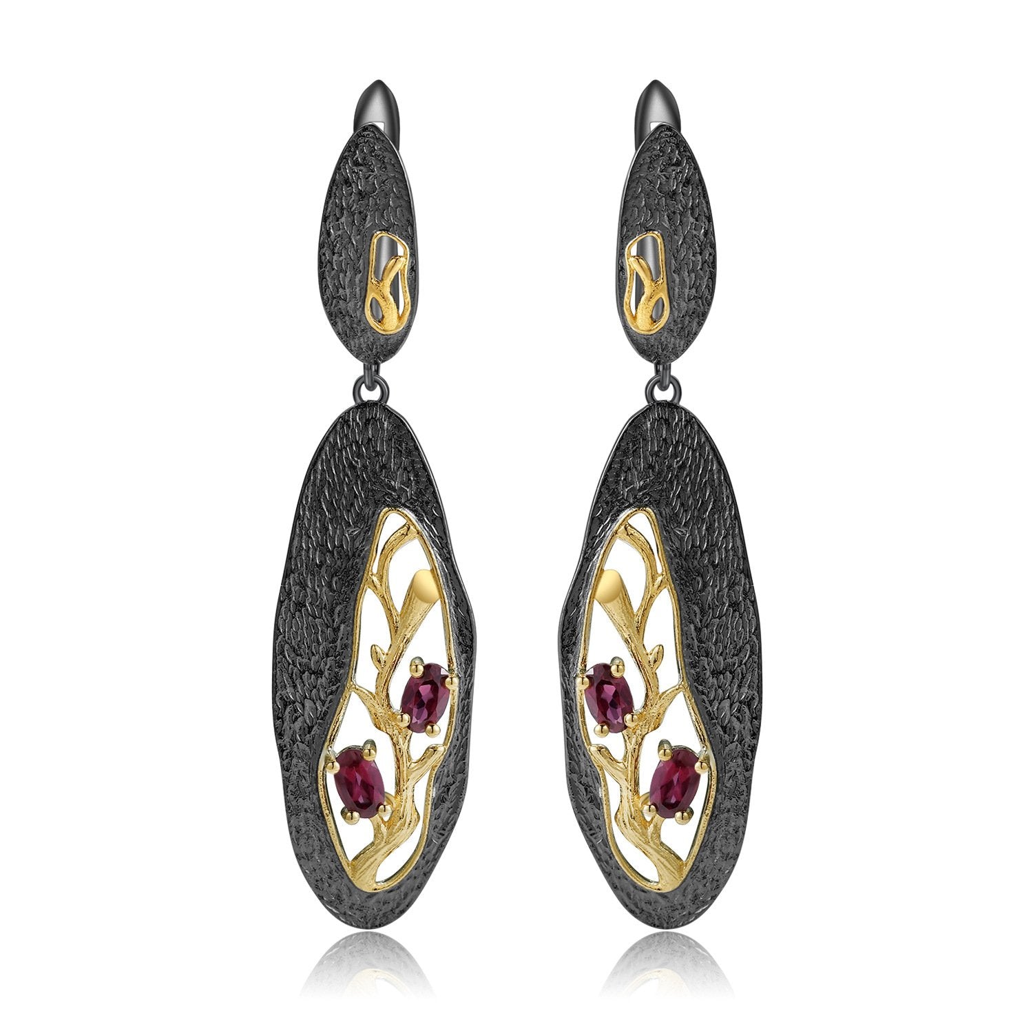 Secret Garden Designer Elegant Rose Branch Floral Natural Rhodolite Earrings in 925 Sterling Silver