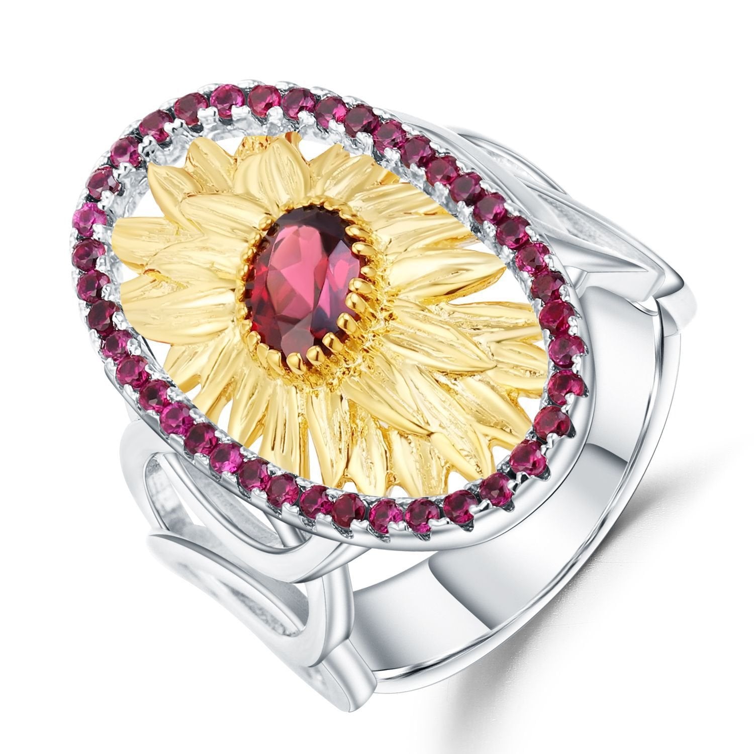 Secret Garden Designer Rose Floral Vintage Natural Gemstone Rhodolite Ring in 925 Sterling Silver