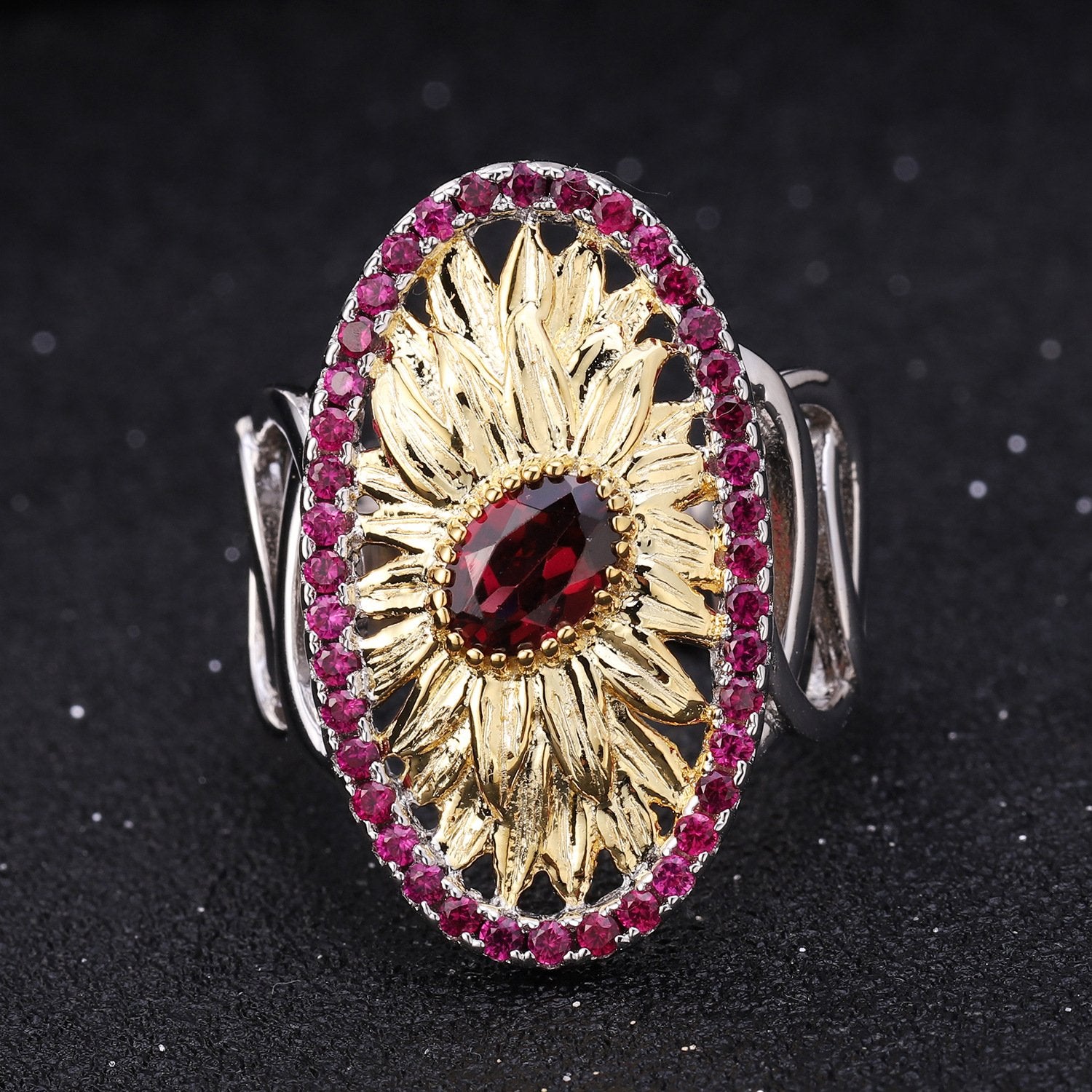Back view of the Rhodolite Garnet ring showing clasp and hallmark