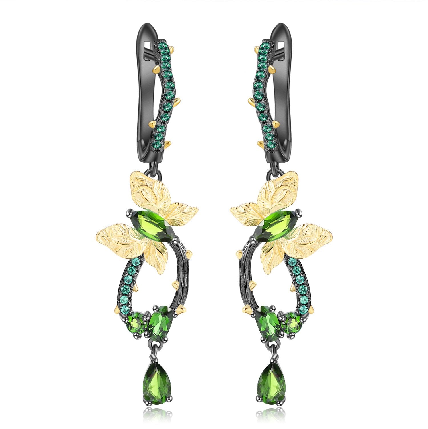 Secret Garden Designer Nature-Inspired Butterfly Floral Diopside Earrings in 925 Sterling Silver