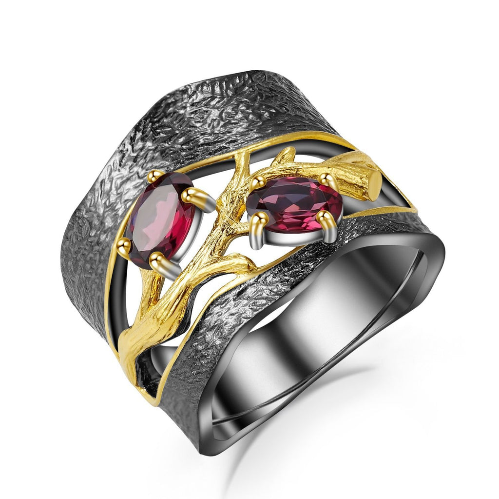 Secret Garden Designer Elegant Branch Floral Natural Gemstone Ring in 925 Sterling Silver