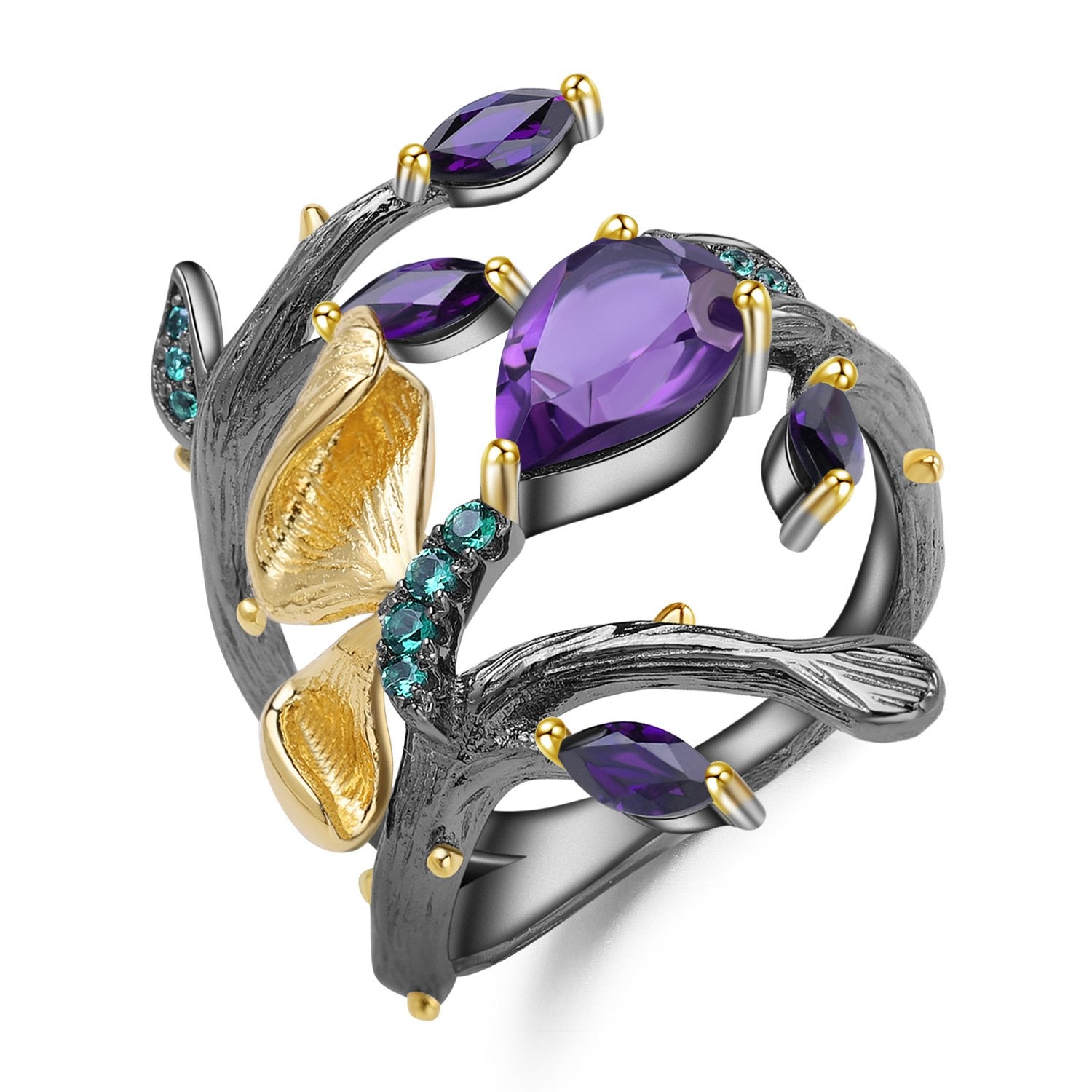 Secret Garden Designer Nature-Inspired Butterfly Floral Amethyst Ring in 925 Sterling Silver