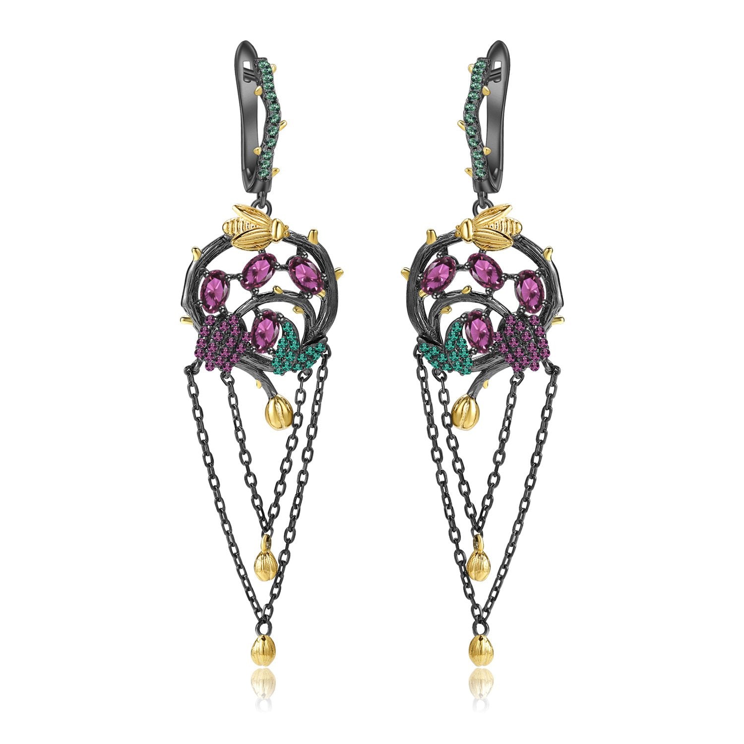 Secret Garden Designer Nature-Inspired Rose Floral Natural Rhodolite Earrings in 925 Sterling Silver