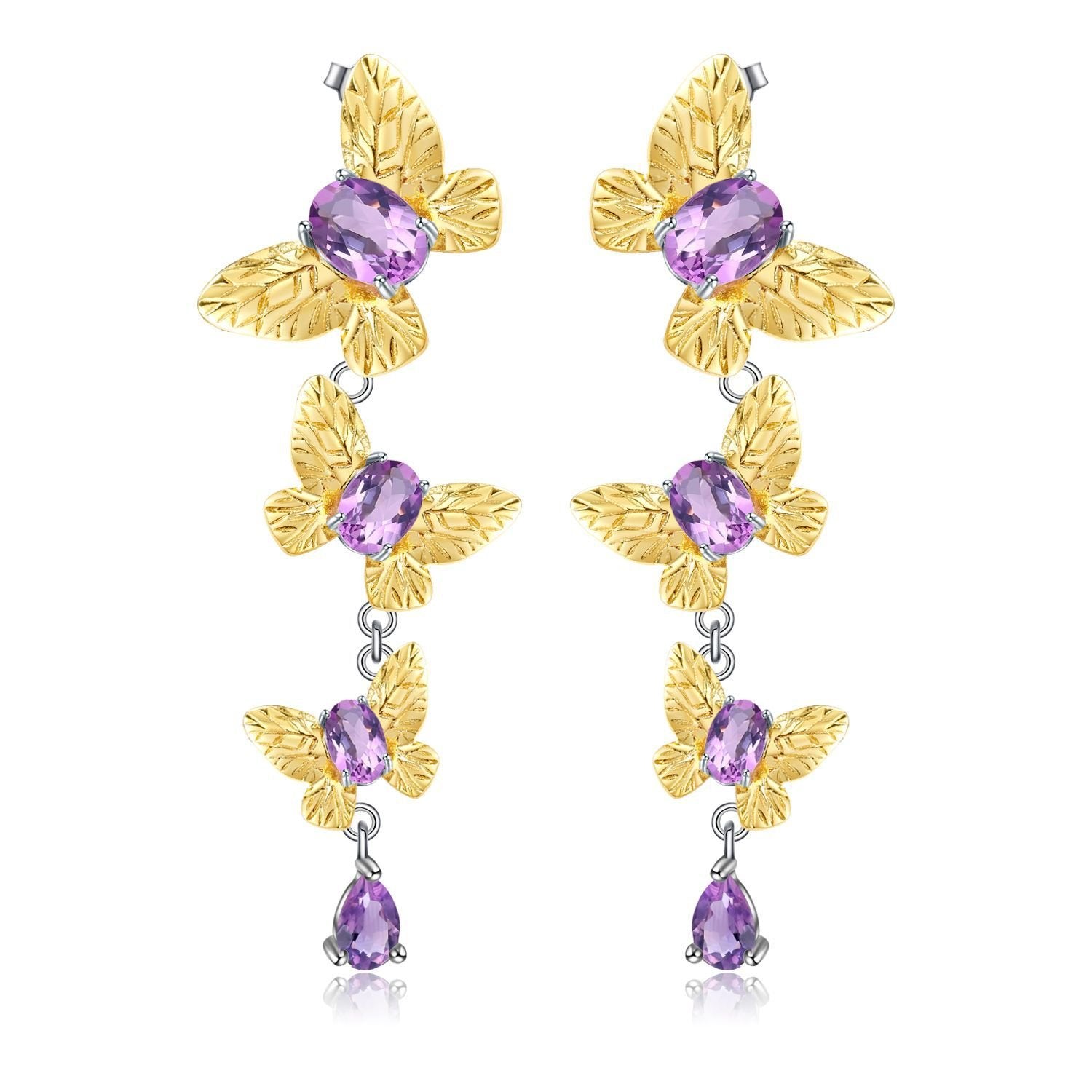 Secret Garden Designer Nature-Inspired Elegant Butterfly Natural Amethyst Earrings in 925 Sterling Silver