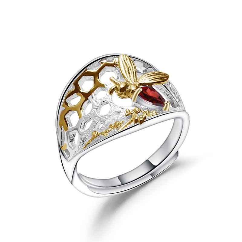 Secret Garden Designer Nature-Inspired Bee Adjustable Natural Gemstone Ring in 925 Sterling Silver