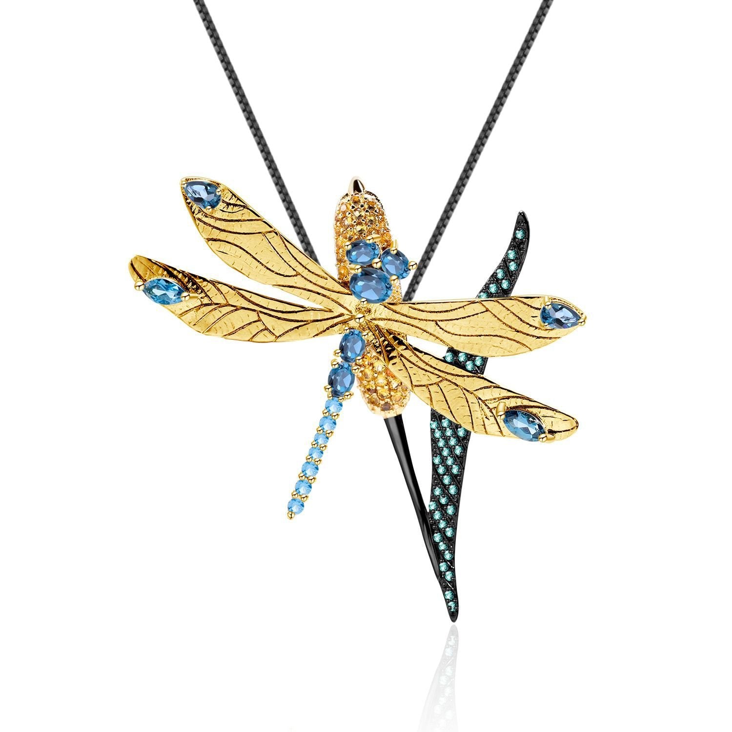 Secret Garden Designer Elegant Dragonfly Natural Topaz & 2-in-1 Necklace in 925 Sterling Silver