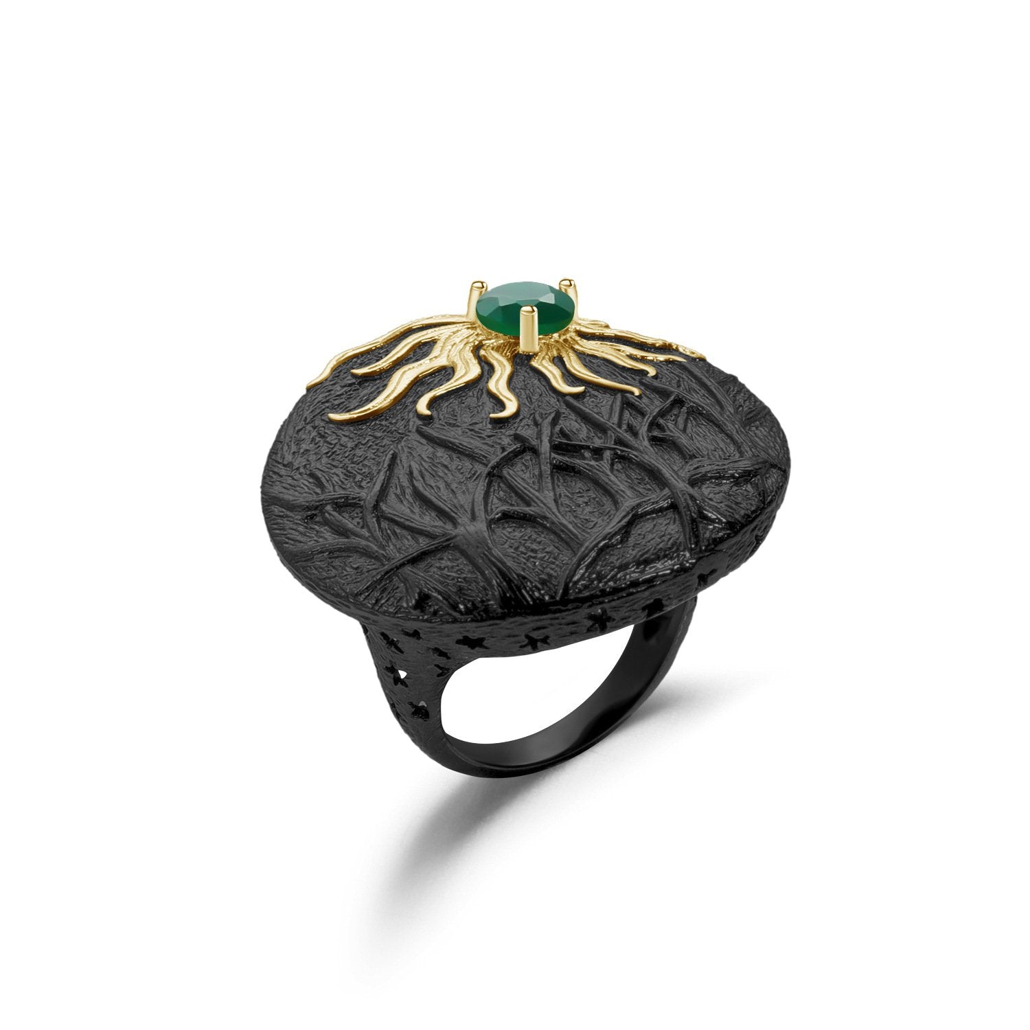 Secret Garden Designer Vintage Black Natural Gemstone Ring in 925 Sterling Silver