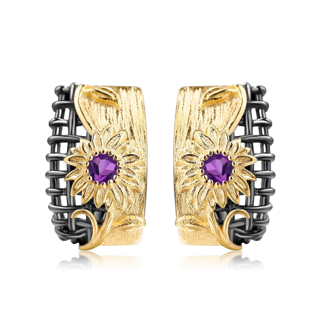 Secret Garden Designer Nature-Inspired Floral Amethyst Earrings in 925 Sterling Silver