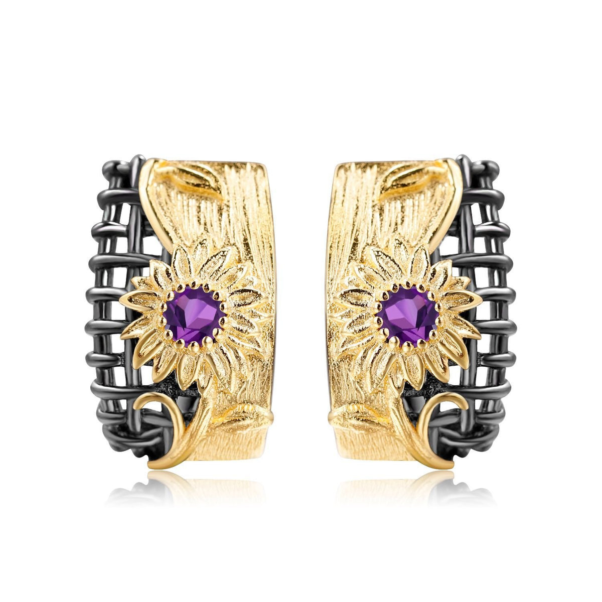 Secret Garden Designer Nature-Inspired Floral Amethyst Earrings in 925 Sterling Silver