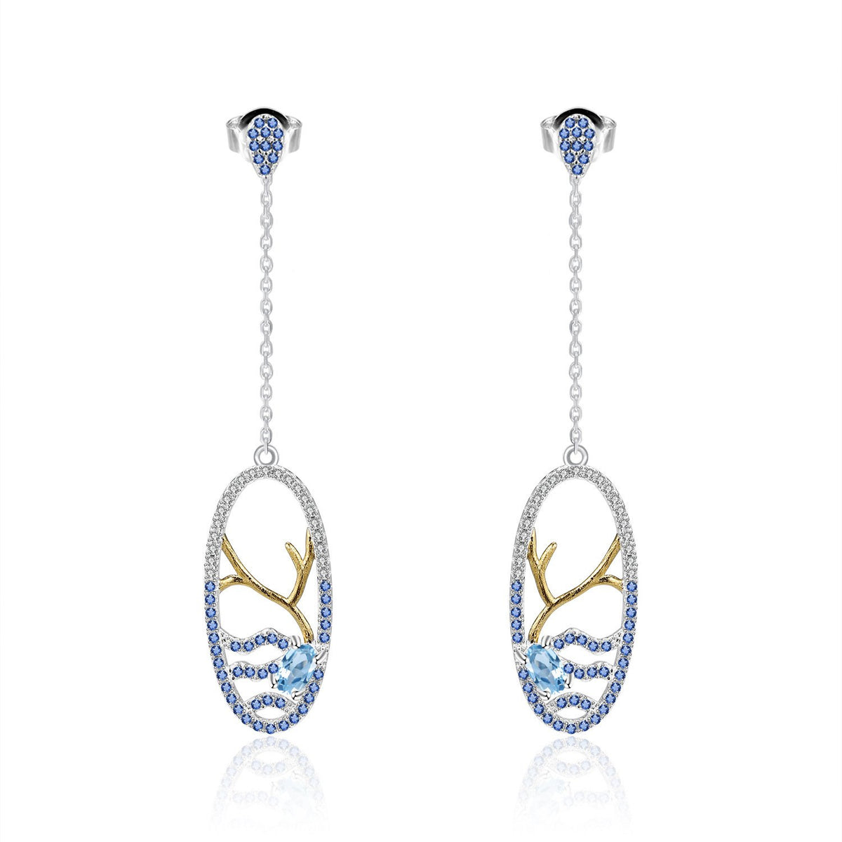 Secret Garden Designer Elegant Natural Topaz & Sapphire Earrings in 925 Sterling Silver