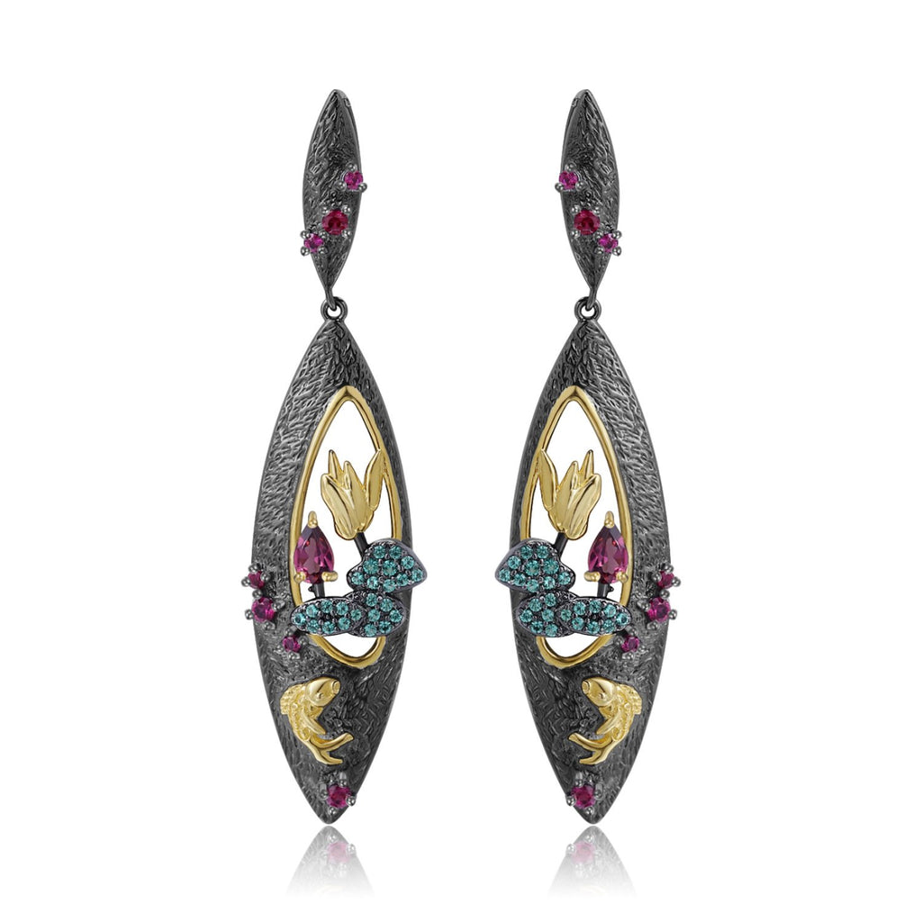 Secret Garden Designer Nature-Inspired Rose Floral Natural Rhodolite Earrings in 925 Sterling Silver