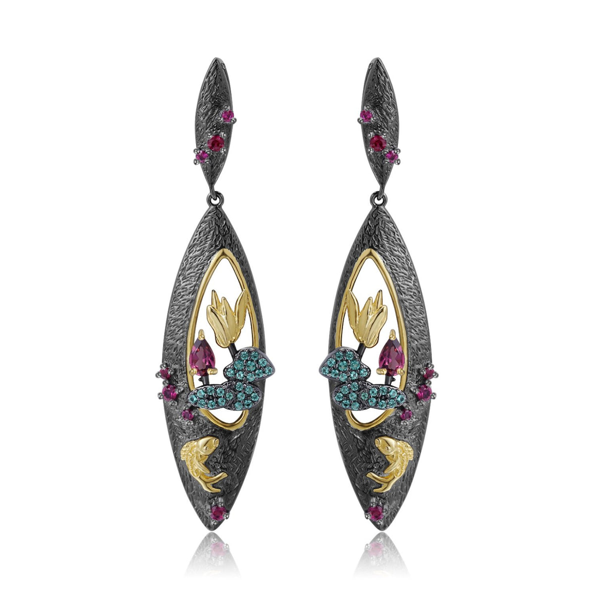 Secret Garden Designer Nature-Inspired Rose Floral Natural Rhodolite Earrings in 925 Sterling Silver