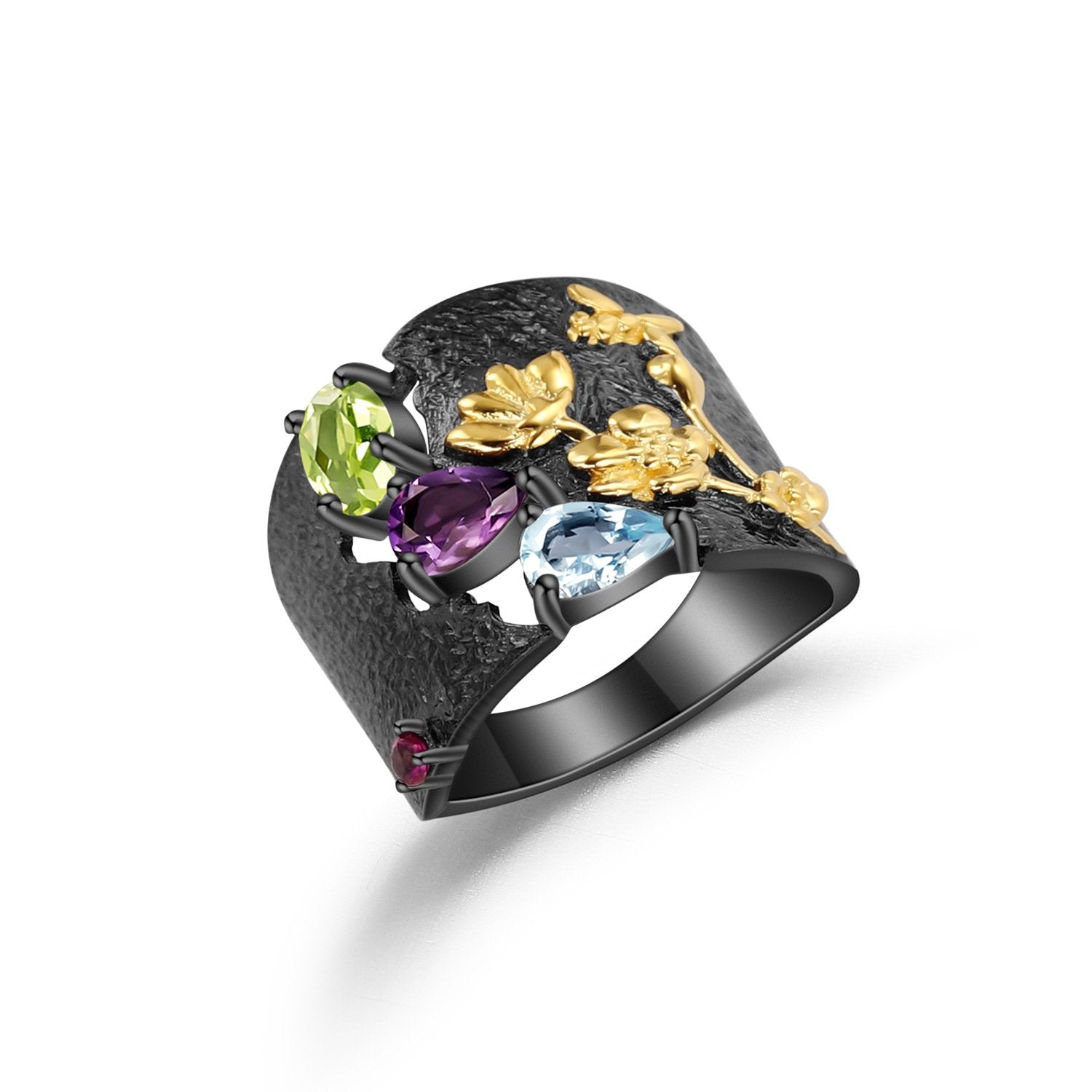 Secret Garden Designer Nature-Inspired Elegant Rose Floral Natural Rhodolite Ring in 925 Sterling Silver