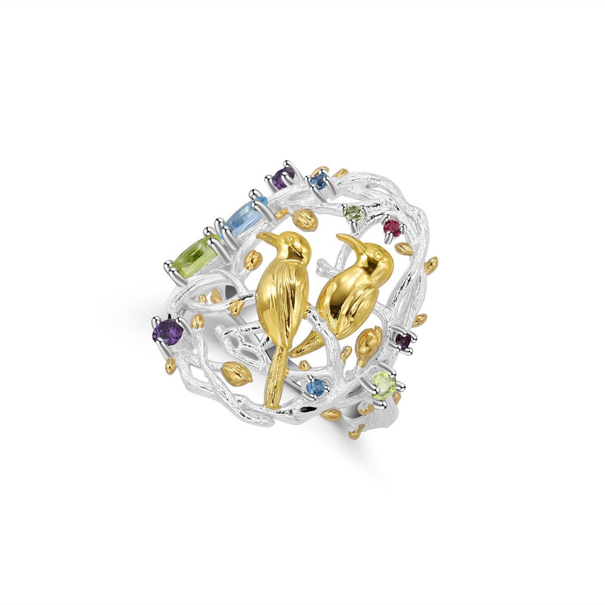 Secret Garden Designer Nature-Inspired Elegant Bird Natural Gemstone Ring in 925 Sterling Silver
