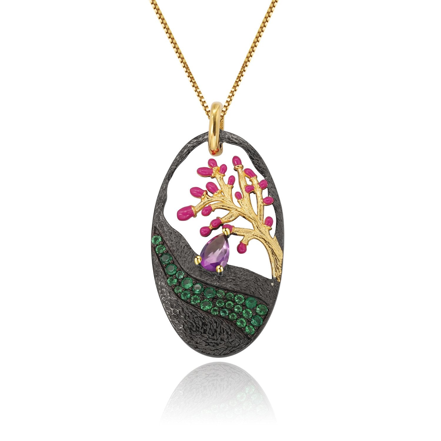 Secret Garden Nature-Inspired Tree Natural Gemstone Necklace in 925 Sterling Silver