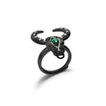 Secret Garden Designer Vintage Green Agate & Ox Head & Black Ring in 925 Sterling Silver