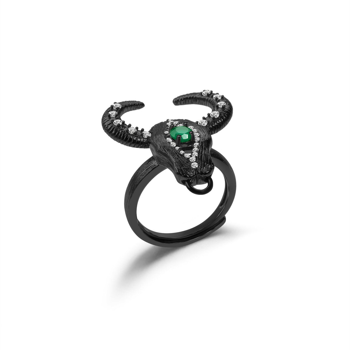 Secret Garden Designer Vintage Green Agate & Ox Head & Black Ring in 925 Sterling Silver