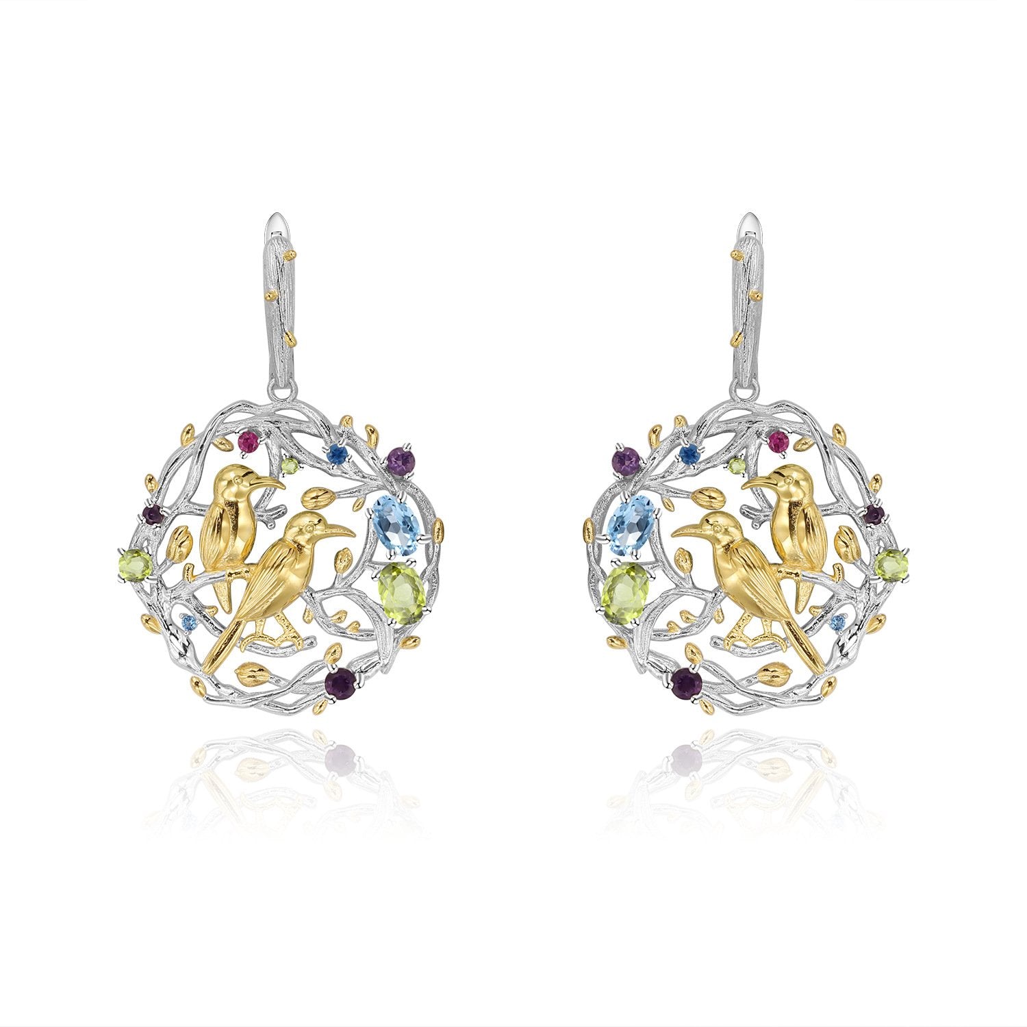 Secret Garden Designer Nature-Inspired Elegant Bird Natural Gemstone Earrings in 925 Sterling Silver