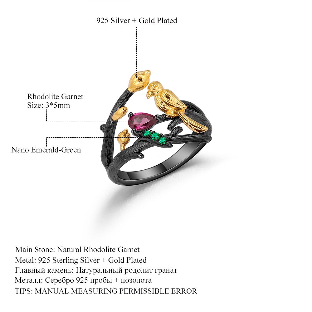 Secret Garden Nature-Inspired Rose Bird Vintage Natural Rhodolite Ring in 925 Sterling Silver
