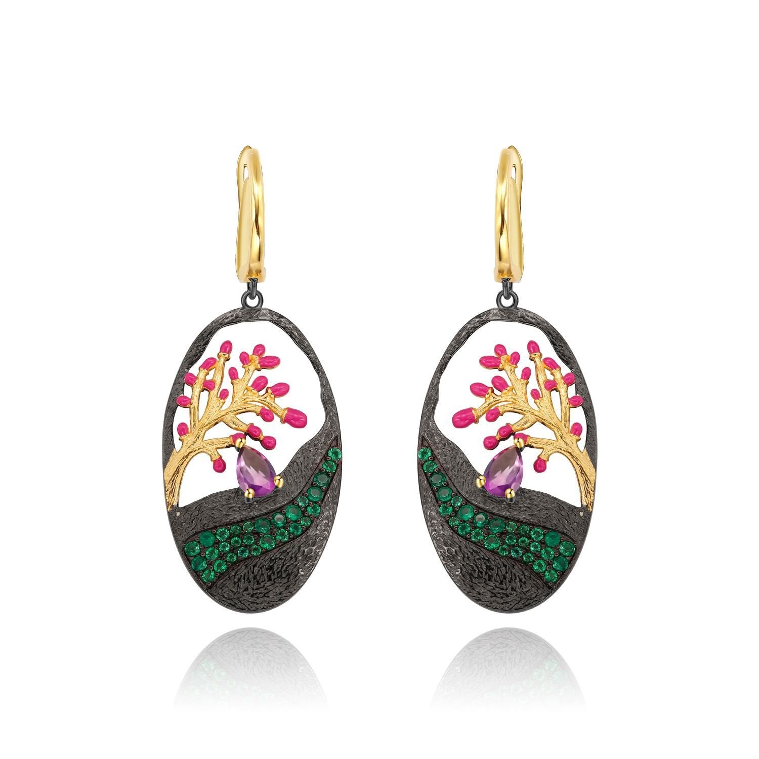 Secret Garden Nature-Inspired Tree Natural Gemstone Earrings in 925 Sterling Silver