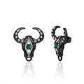 Secret Garden Designer Elegant Vintage Green Agate & Ox Head & Black Earrings in 925 Sterling Silver