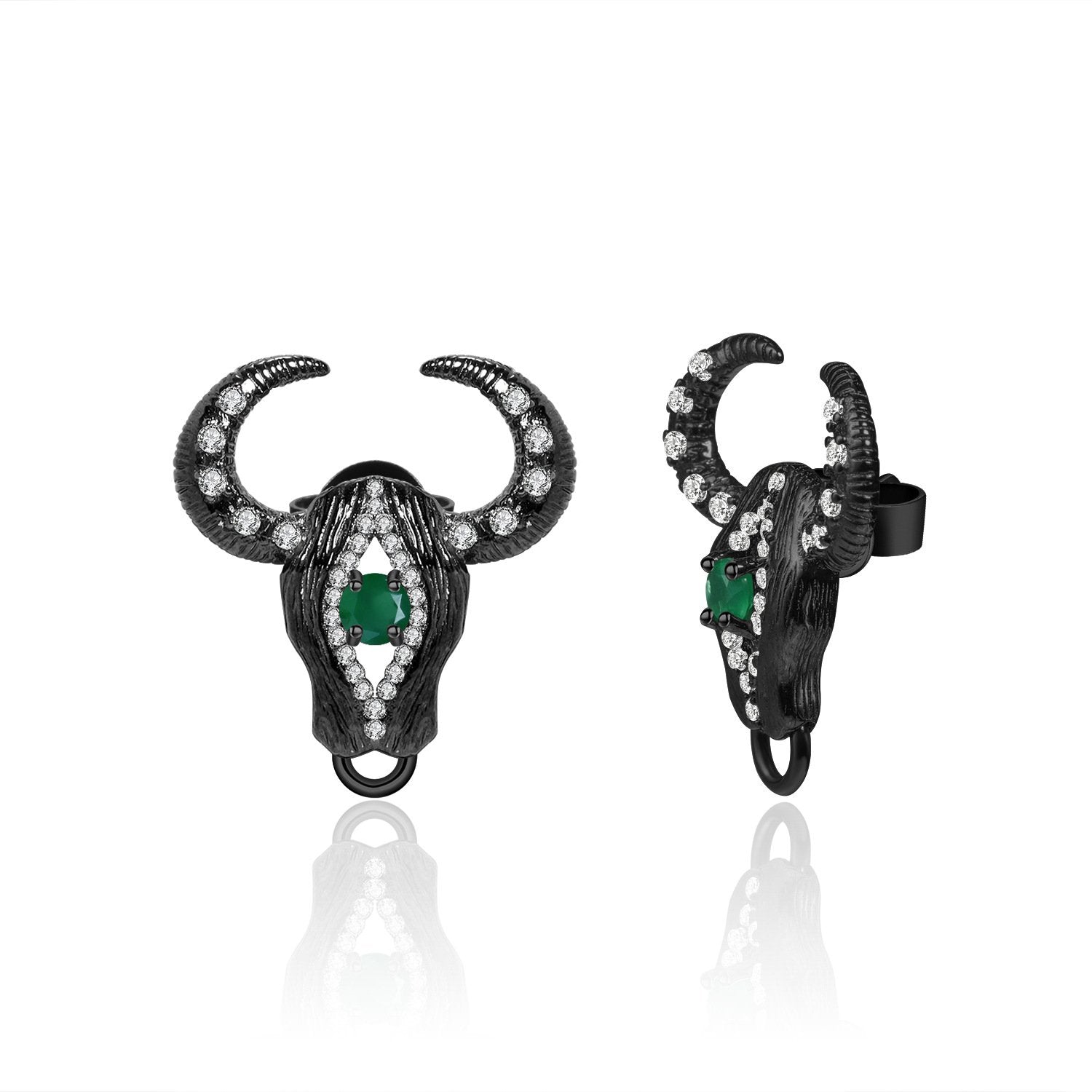 Secret Garden Designer Elegant Vintage Green Agate & Ox Head & Black Earrings in 925 Sterling Silver