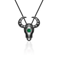 Secret Garden Designer Vintage Green Agate & Ox Head & Black Necklace in 925 Sterling Silver