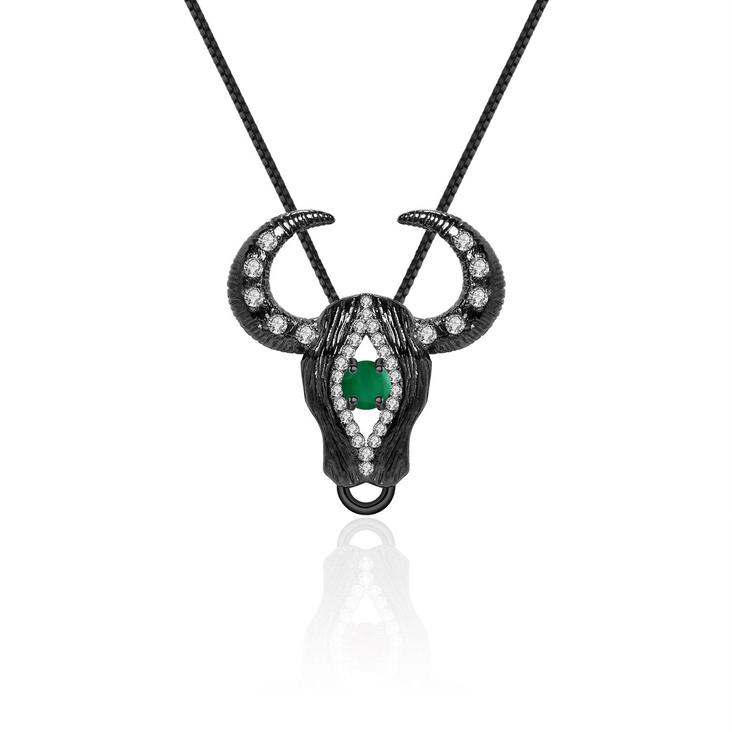 Secret Garden Designer Vintage Green Agate & Ox Head & Black Necklace in 925 Sterling Silver