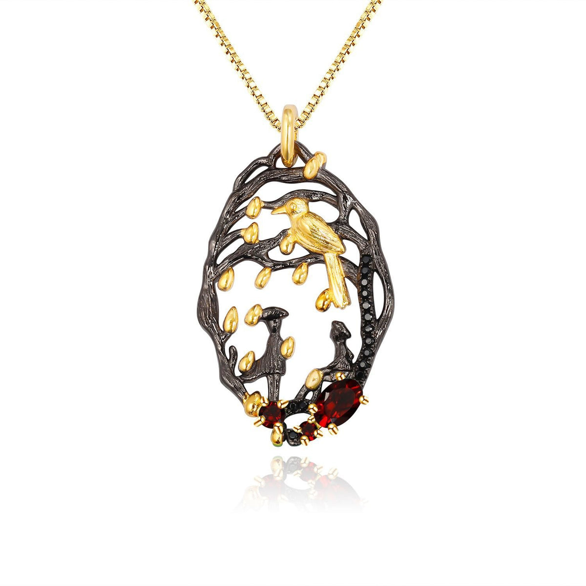 Secret Garden Designer Vintage Floral Natural Garnet Necklace in 925 Sterling Silver