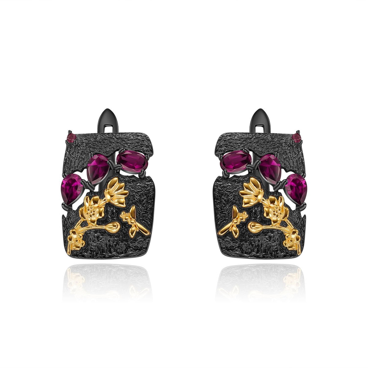 Secret Garden Nature-Inspired Elegant Rose Vintage Floral Natural Rhodolite Earrings in 925 Sterling Silver