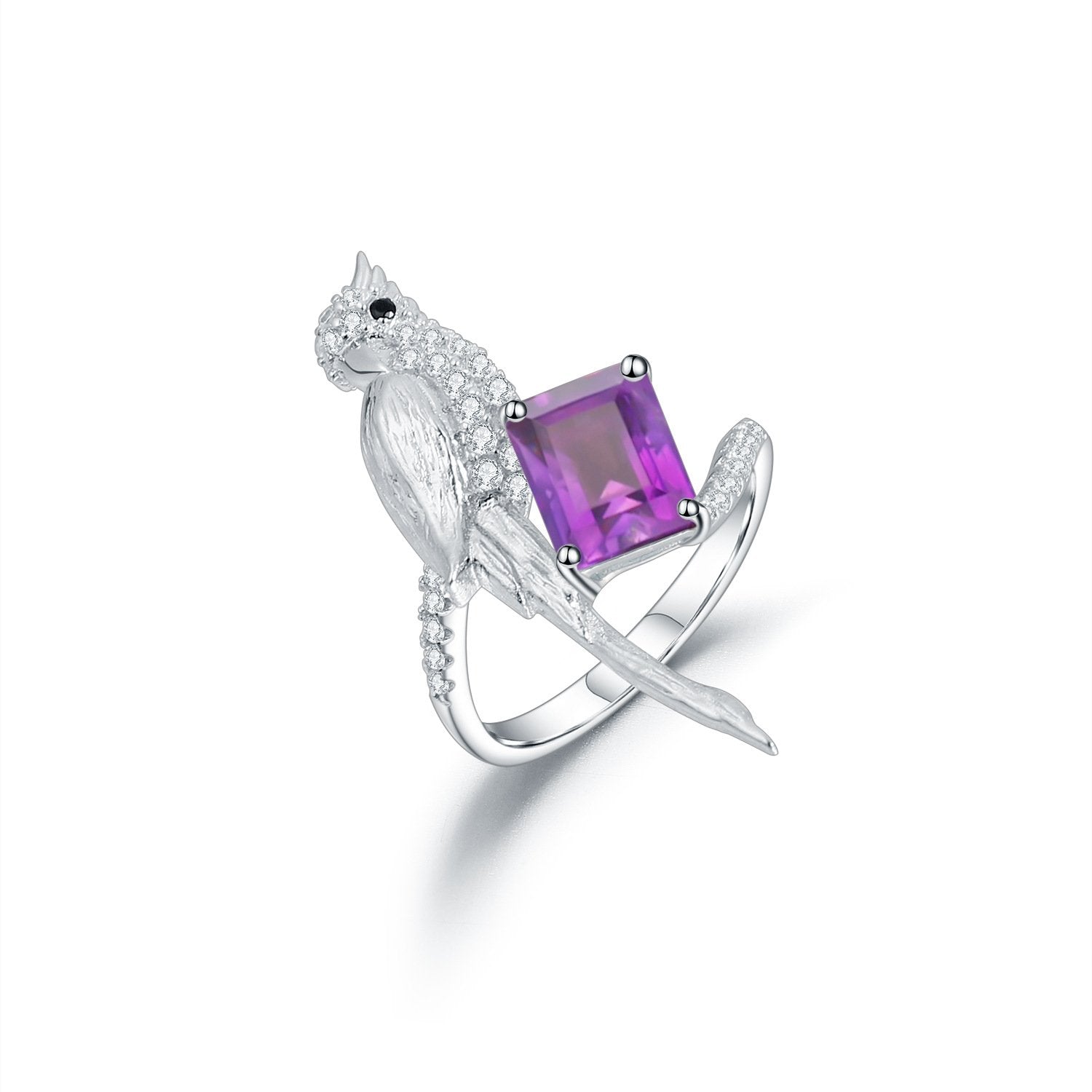 Secret Garden Designer Elegant Bird Amethyst Ring in 925 Sterling Silver