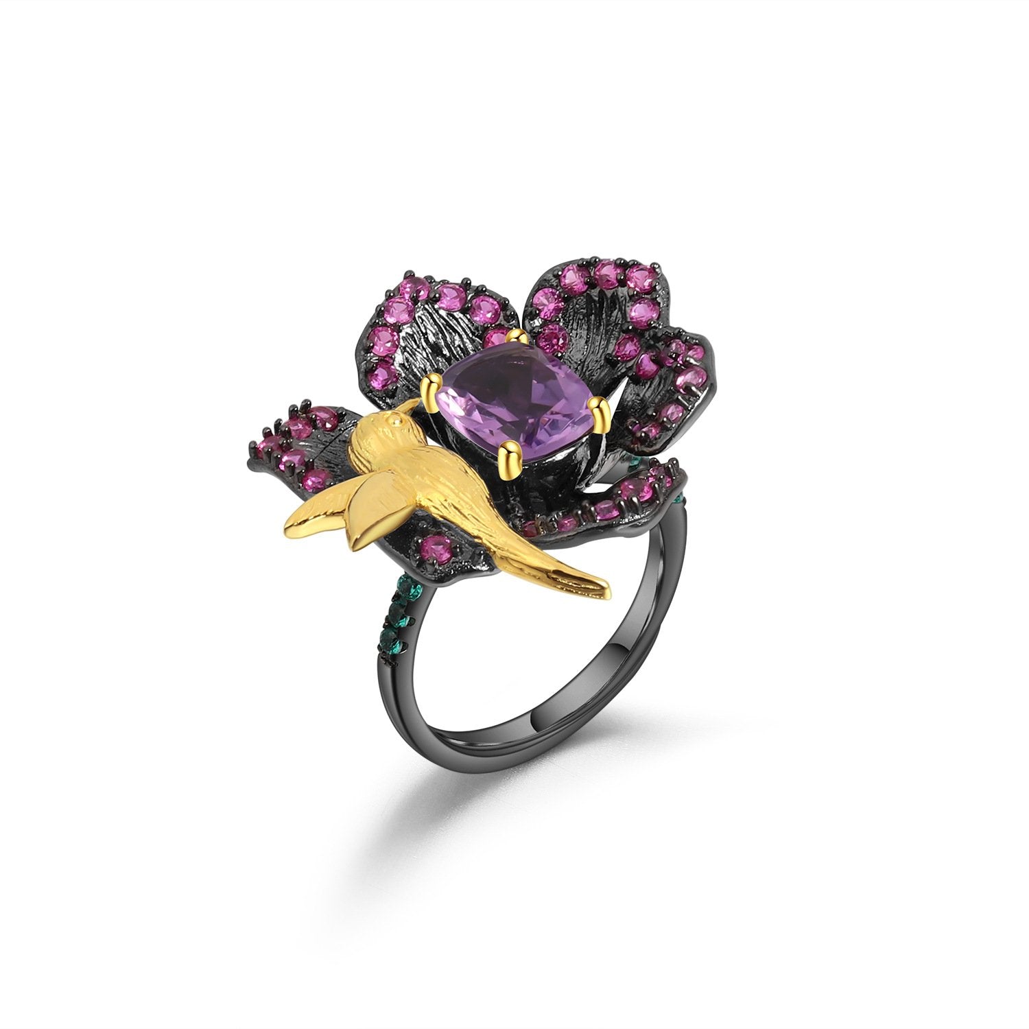 Secret Garden Designer Floral Amethyst Ring in 925 Sterling Silver