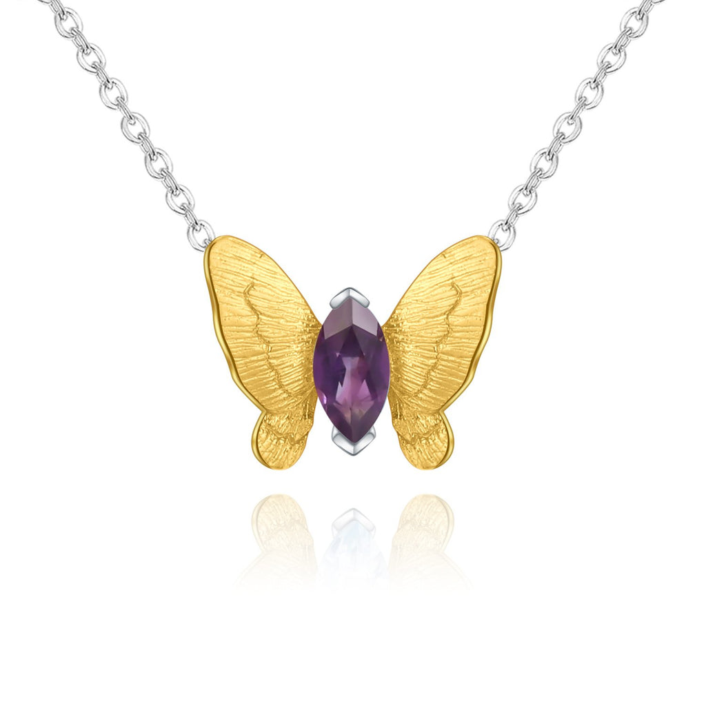 Secret Garden Designer Butterfly Minimalist Amethyst Necklace in 925 Sterling Silver