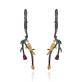 Secret Garden Designer Nature-Inspired Rose Bird Natural Rhodolite Earrings in 925 Sterling Silver