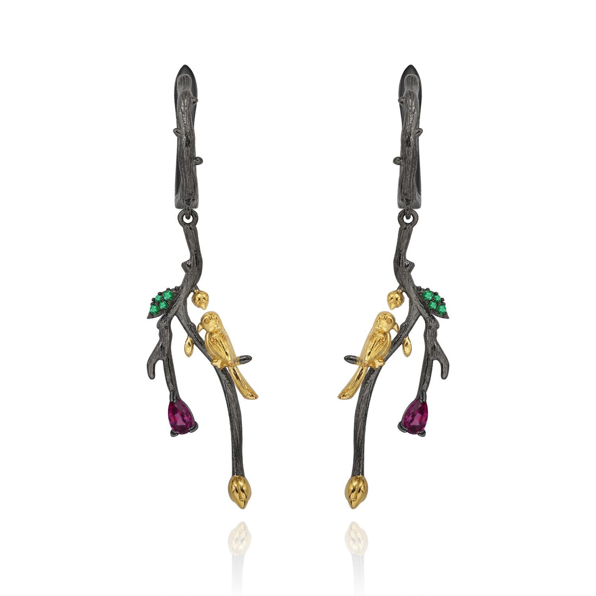 Secret Garden Designer Nature-Inspired Rose Bird Natural Rhodolite Earrings in 925 Sterling Silver