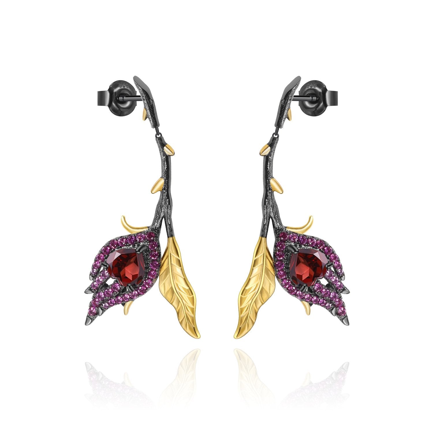 Secret Garden Designer Nature-Inspired Elegant Floral Natural Garnet Earrings in 925 Sterling Silver