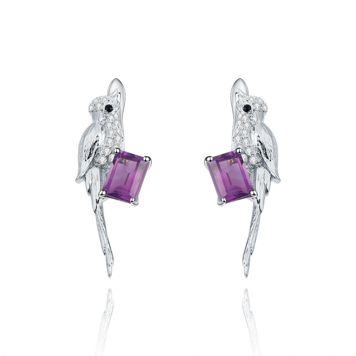 Secret Garden Designer Elegant Bird Amethyst Earrings in 925 Sterling Silver