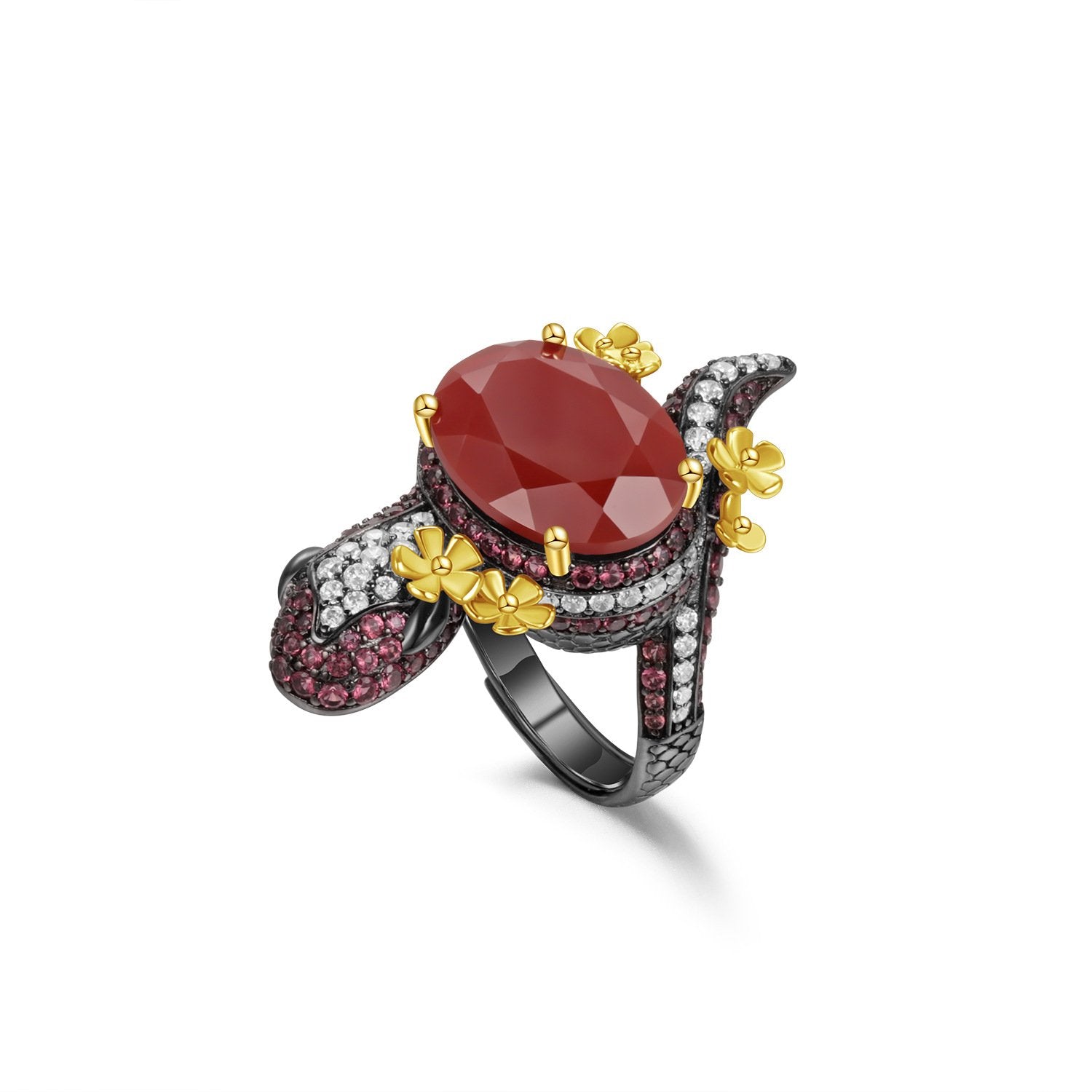 Secret Garden Niche Red Agate & Ruby & Star & Black Ring in 925 Sterling Silver